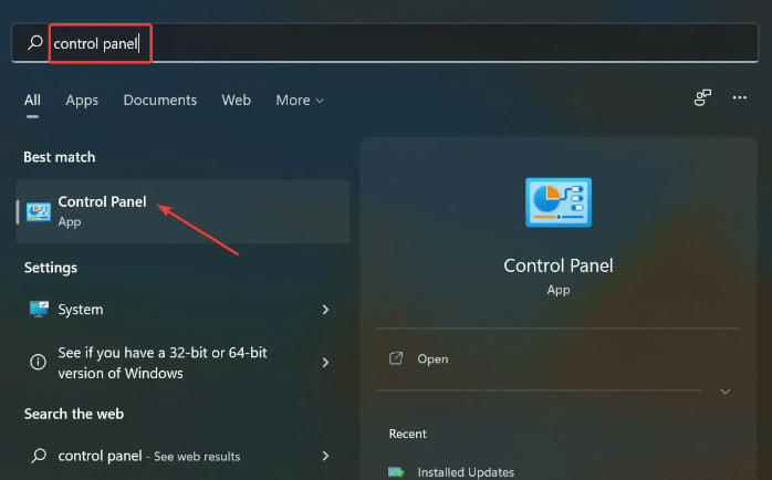 Search Windows 11 Control Panel