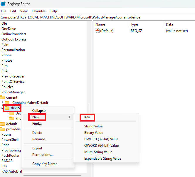 Registry Editor create new device policy manager