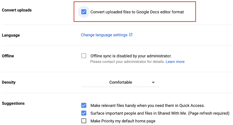 Convert uploaded files to Google Docs editor format