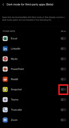 toggle on the settings for the Snapchat app in the list