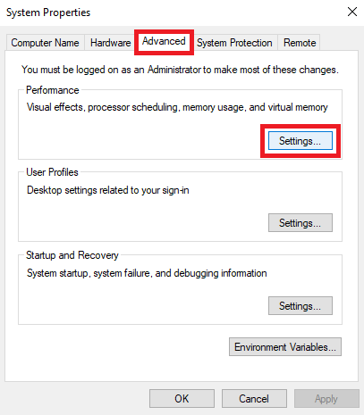 Settings button under the Performance section of the Advanced tab