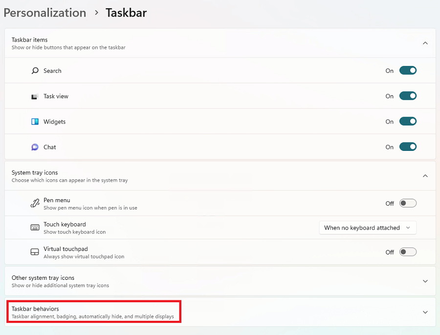 Taskbar behavior settings in Windows 11