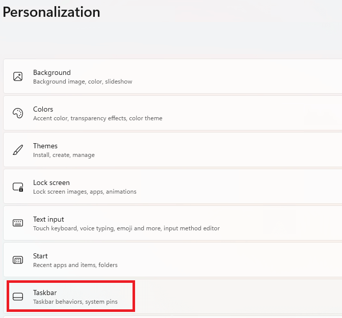 Personalization Taskbar in Windows 11