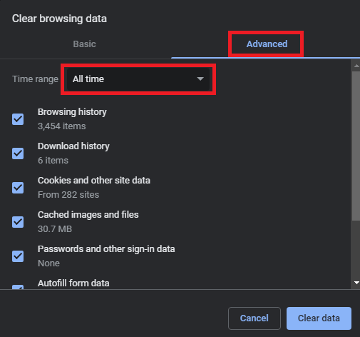 Advanced tab - clear browsing data