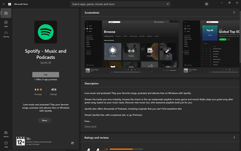 Microsoft app store to download and install Spotify
