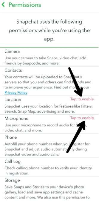 Enable your Snapchat Permission