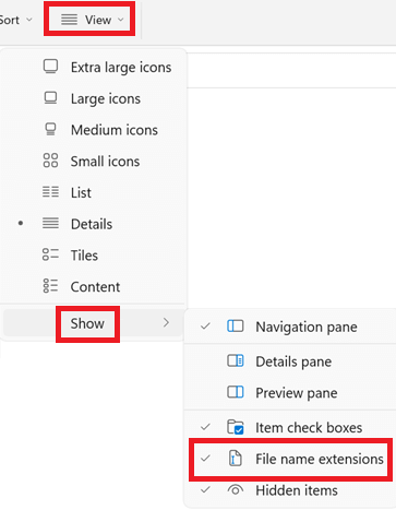 Show and click on File name extensions