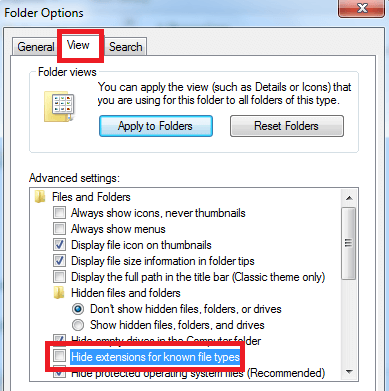 the Hide extensions for known file types and uncheck the option.