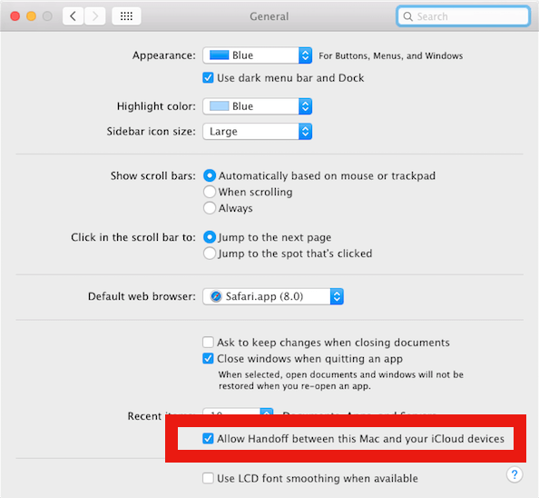 Allow Handoff between Mac and your iCloud devices