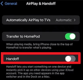 Airplay & Handoff to continue and toggle off Handoff