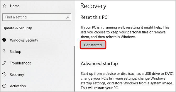 Click Get Started from the Reset This PC segment