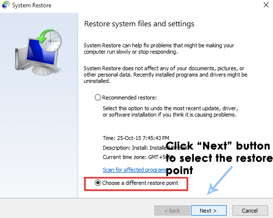 Choose a different restore point