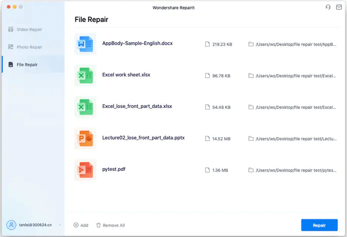 Wondershare Repairit - file repair list