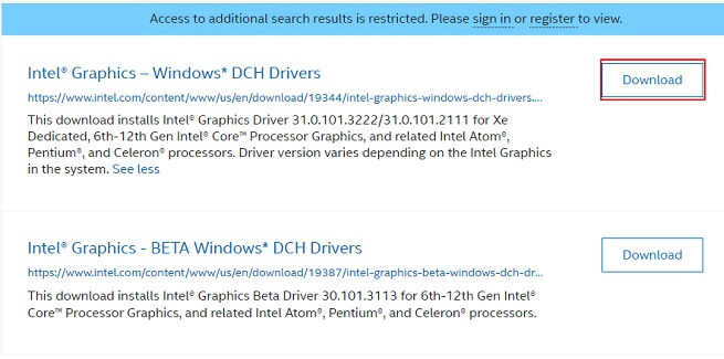 intel graphics driver Download button