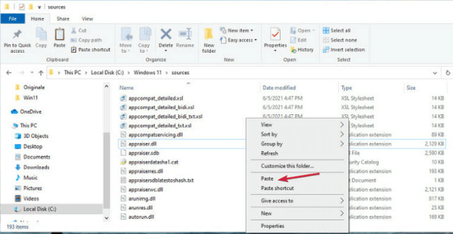 paste the appraiserres(dot) dll file in the Windows 11 Sources