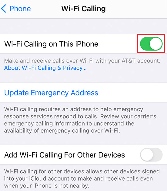 Toggle off the settings named Wi-Fi Calling on This iPhone