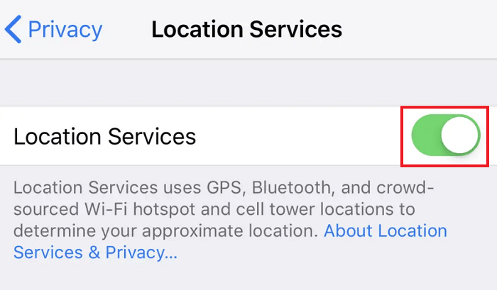 Toggle on the Location Services