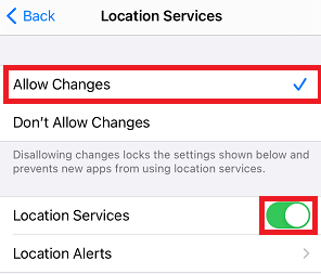 Allow Changes option and toggle on Location Services