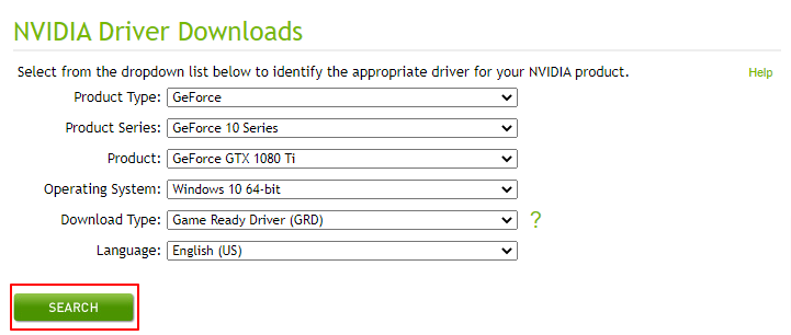 Search to find the driver for NVIDIA GTX 1050 Ti graphics card