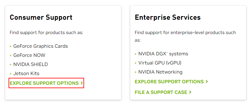 explore support options -nvidia