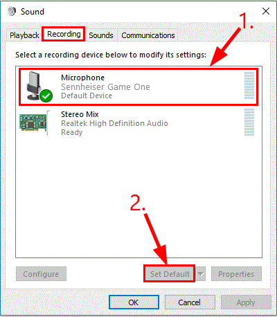 Recording tab and click your Sennheiser headset - Set as default