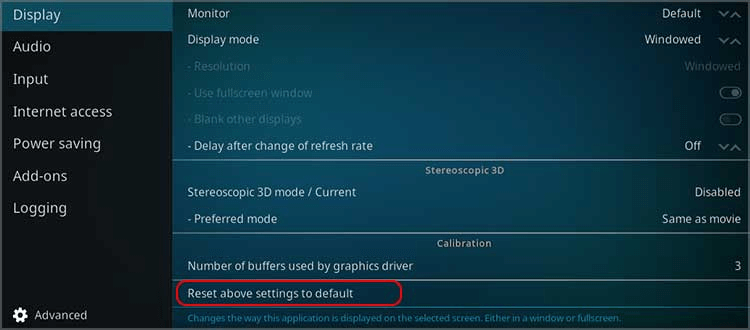 Reset above settings to default