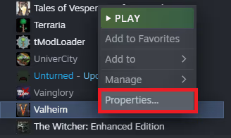 Valheim- select Properties
