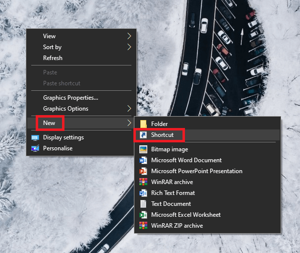 Take the cursor to New and select Shortcut