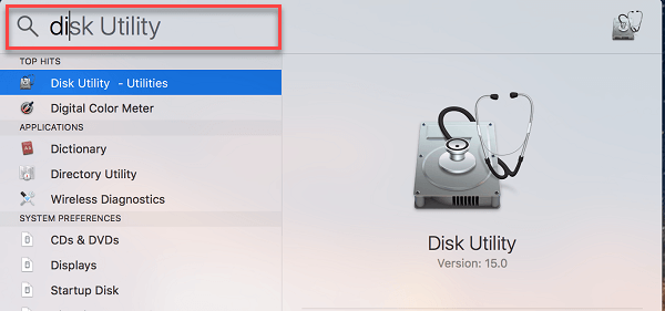 Type Disk Utility in the spotlight