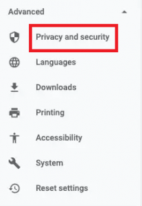 Under Advanced, click on Privacy and Security