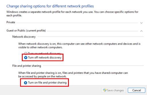 Turn on Network Discovery and file printer sharing