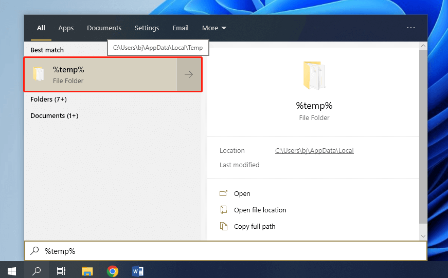 Windows search temp files