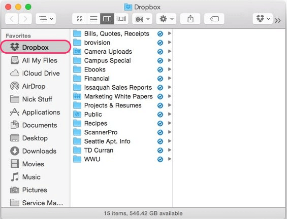 Launch a new Finder window and choose Dropbox