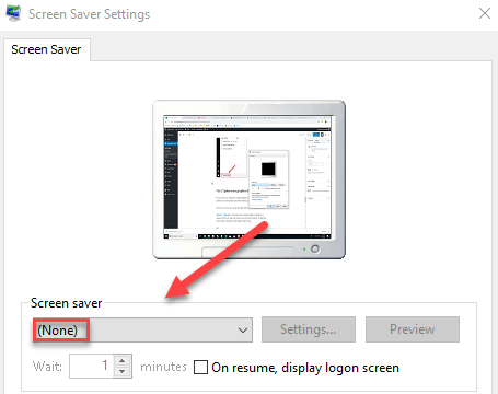 Screen saver option is set to None