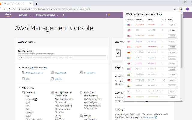 AWS Console Regions Color