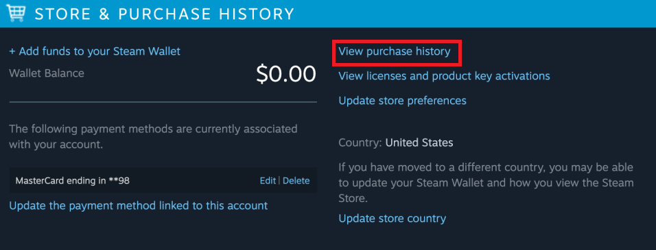 View purchase history - Steam