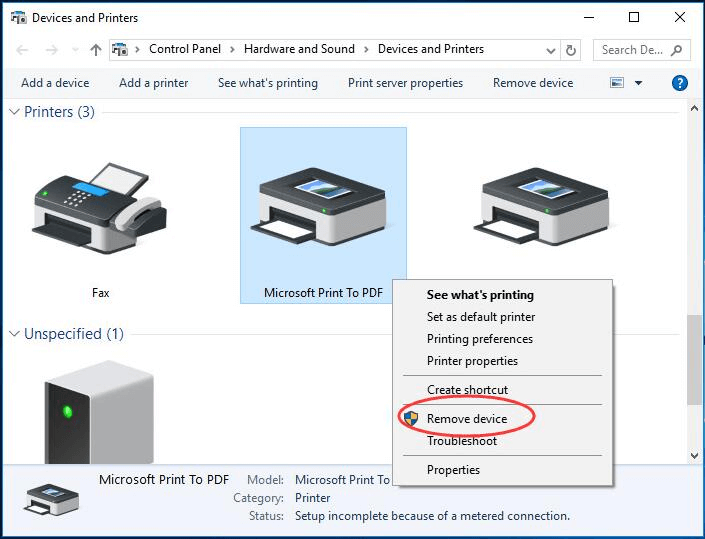 Microsoft Print to PDF and choose Remove Device