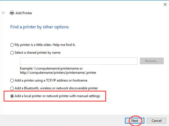 Add Local Printer or Network Printer with Manual Settings