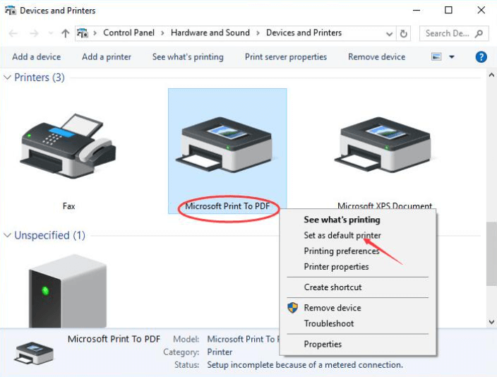 Devices and Printer - Microsoft Print to Pdf