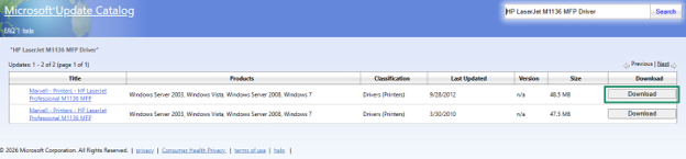 Microsoft Update Catalog for HP LaserJet M1136 MFP driver