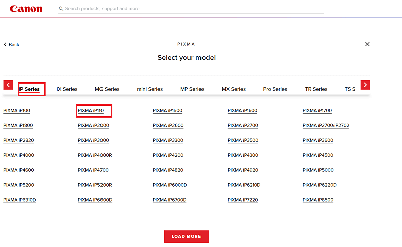 Canon Pixma - Select IP Series and then click on PIXMA IP110