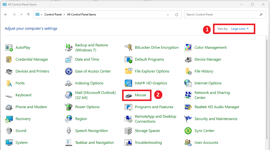 Control Panel - Large Icons and then click on Mouse