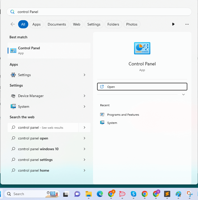 Search Control Panel in Windows 11