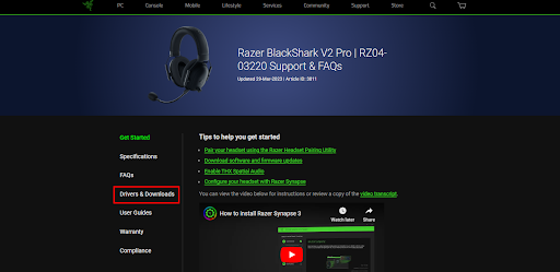 click on driver and downloads in Razer official site