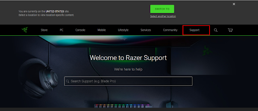 Click on Support - Razer Official Website