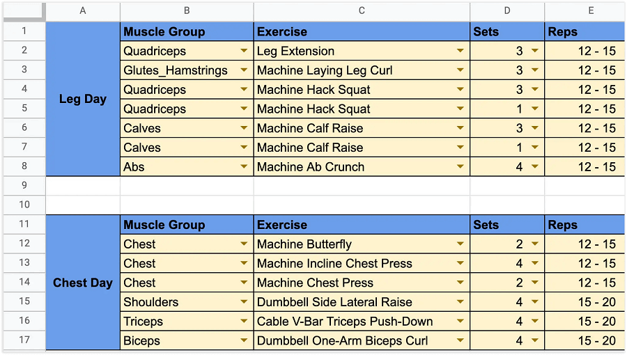 Workout Split Template