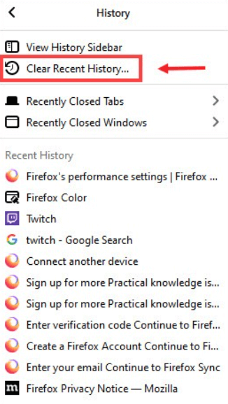 Clear firefox recent history