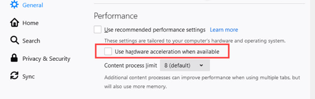 Use hardware acceleration when available is unchecked