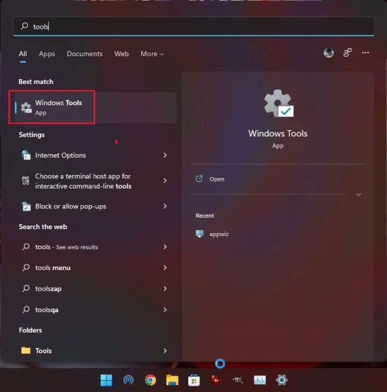 Search Windows Tools in Window 11 search