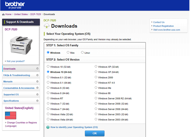 Select Operating system to download Brother printer T220 driver